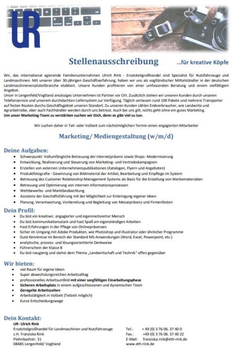 Stellenausschreibung Marketing Mediengestalter