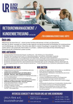 Retourenmanagement Rink Stellenausschreibung 08 2026
